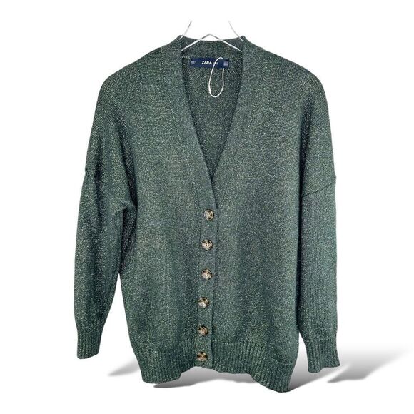ZARA Green Metallic Knit Oversized Grandad V-Neck Button Cardigan Sz Small - Picture 1 of 12